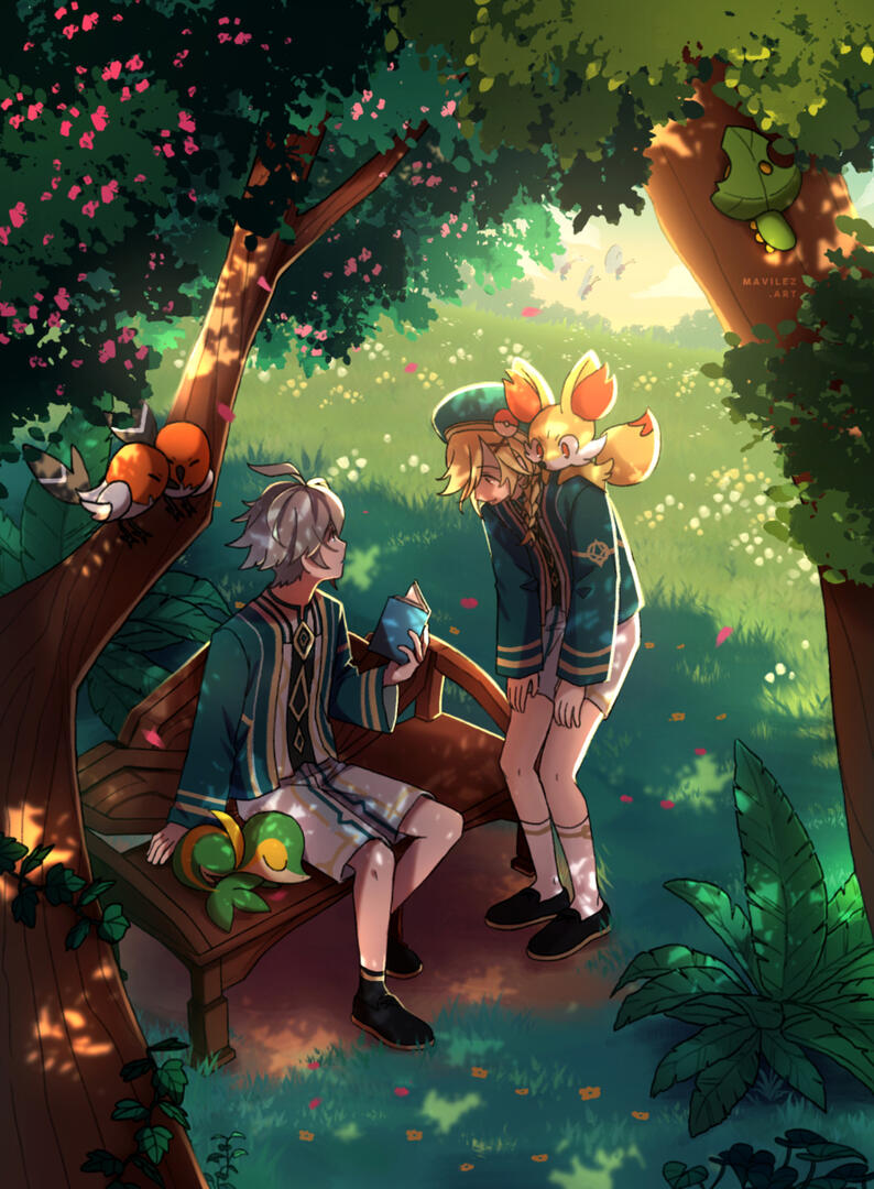 fanart of alhaitham and kaveh from genshin impact, for the haikaveh pokemon zine